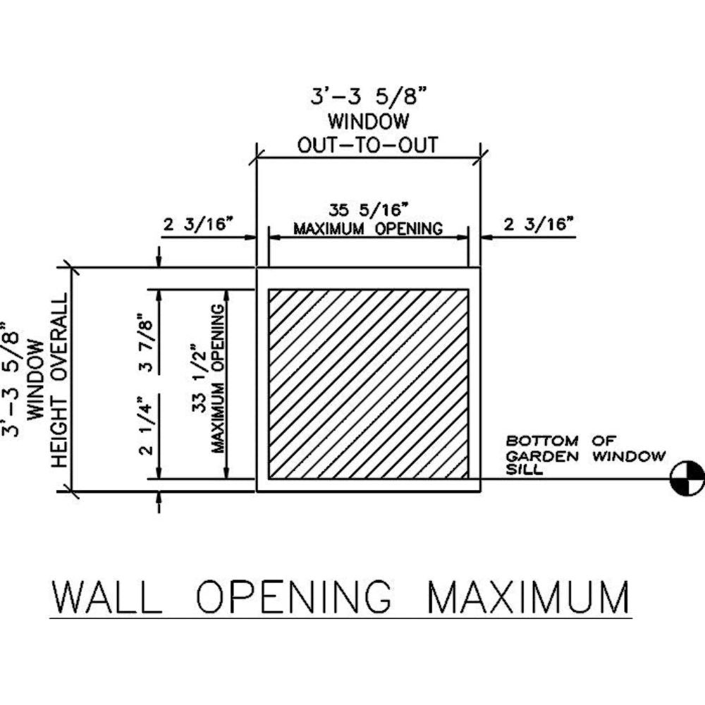 Small Janco Garden Window wall opening dimensions diagram
