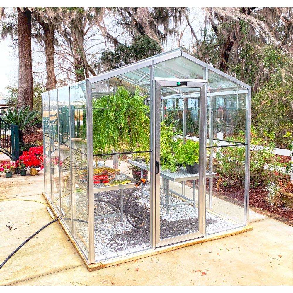 Front view of Janco Palmetto 8' x 10' glass greenhouse with plants growing inside