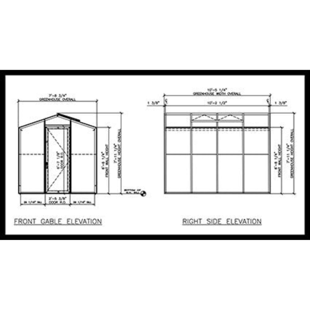 Janco Palmetto 8' x 10' greenhouse front and side elevation dimension drawing