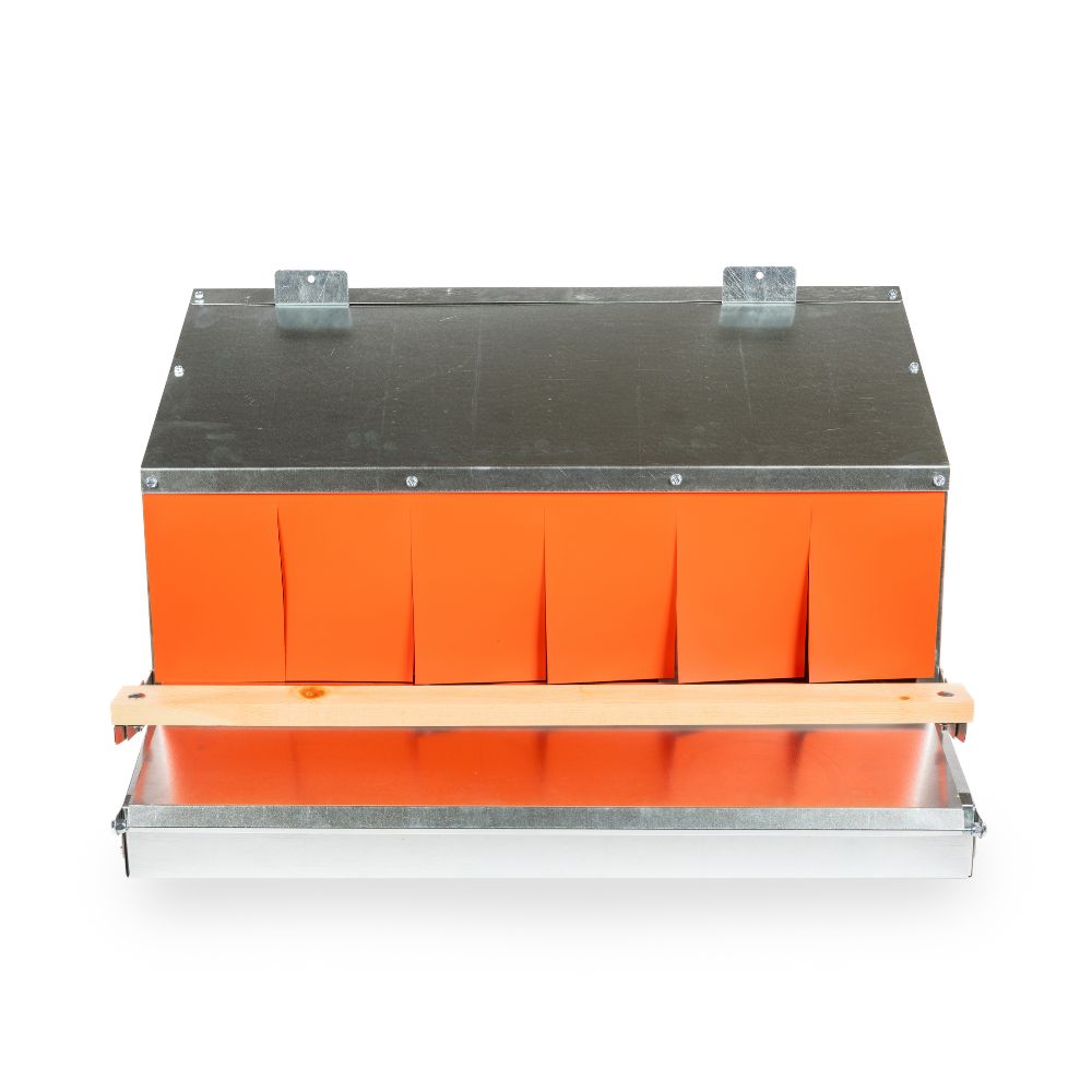 Porta Coop 30-inch 3-hole Rollaway Nest Box with top mounting brackets, front perch, and open egg collection area