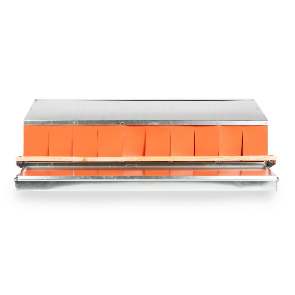 Porta Coop 48-inch 5-hole Rollaway Nest Box with orange nesting curtain and front perch