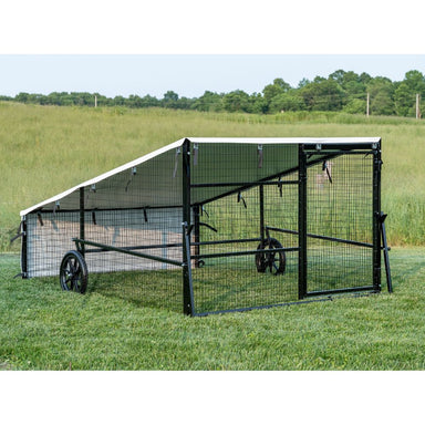 Side view of Porta Coop 6' x 8' Haven mobile chicken coop with flat-free wheels